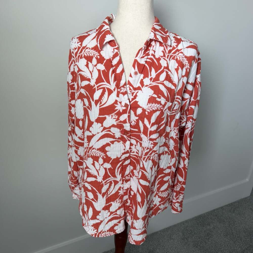 LOFT Outlet Orange and White Floral Print Cotton Button Down Shirt